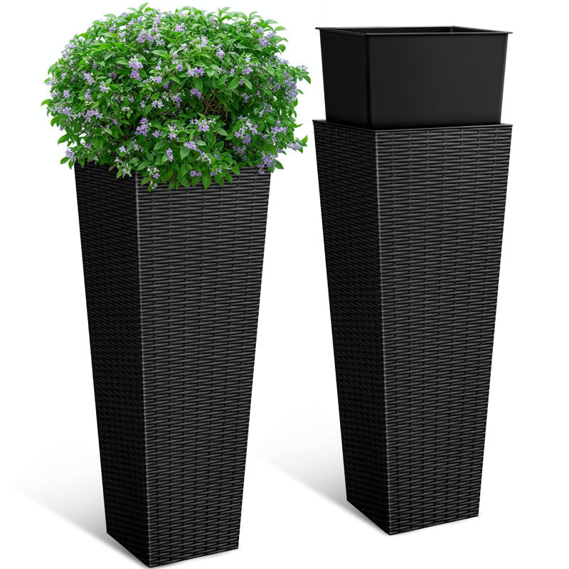 2-piece Plastic Planter Box Set, Imitation Wicker Tall