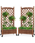 Set of 2 48in Wood Planter Box & Diamond Lattice Trellis, w/ Drainage, Optional Wheels - Walnut