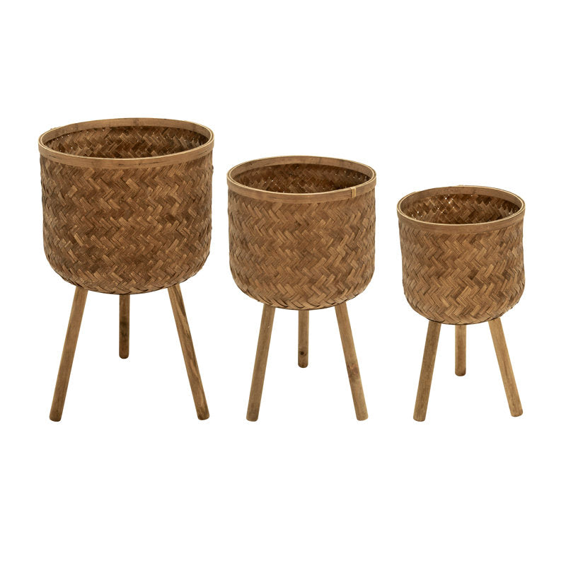 Handwoven Bamboo and Pine Wood Planters with Tripod Base, Decorative Woven Design, Durable Construction, Set of 3