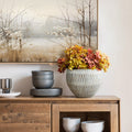 White and Gold V-Pattern Polyresin Round Planter